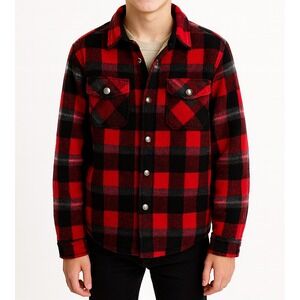 Eddie‎ Bauer Fleece Shirt Jacket Sherpa Lined Snap Front Red Plaid Size 14-16